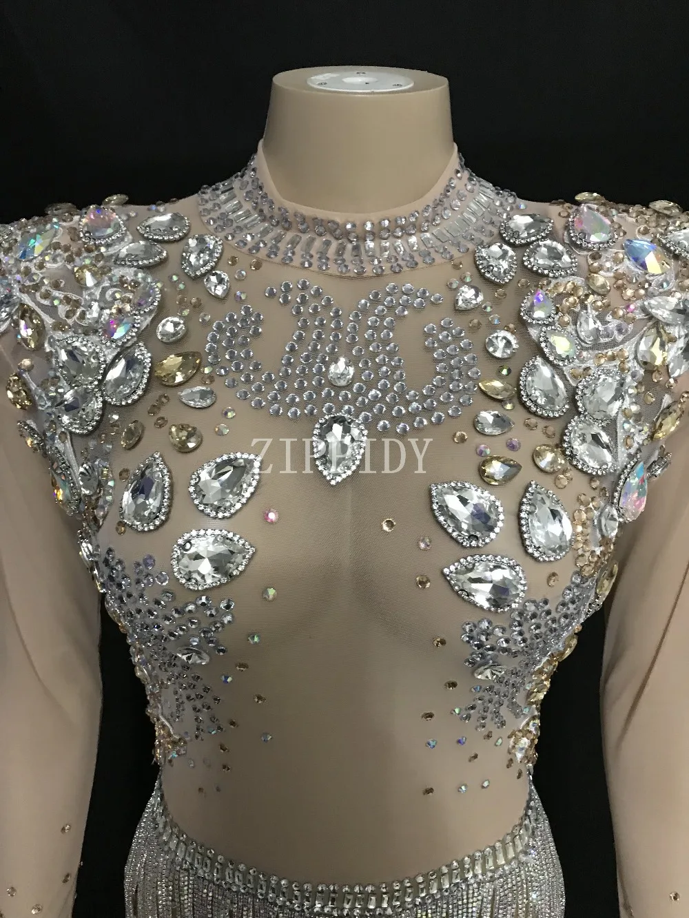 Модный Блестящий боди с большими кристаллами и сеточкой блестящий костюм