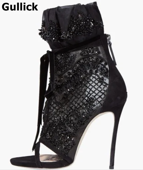 

Gullick Elegant Black Lace Crystal Embellished High Heel Sandal Peep Toe Ankel Lace-up Gladiator Sandal Boots Women Dress shoes