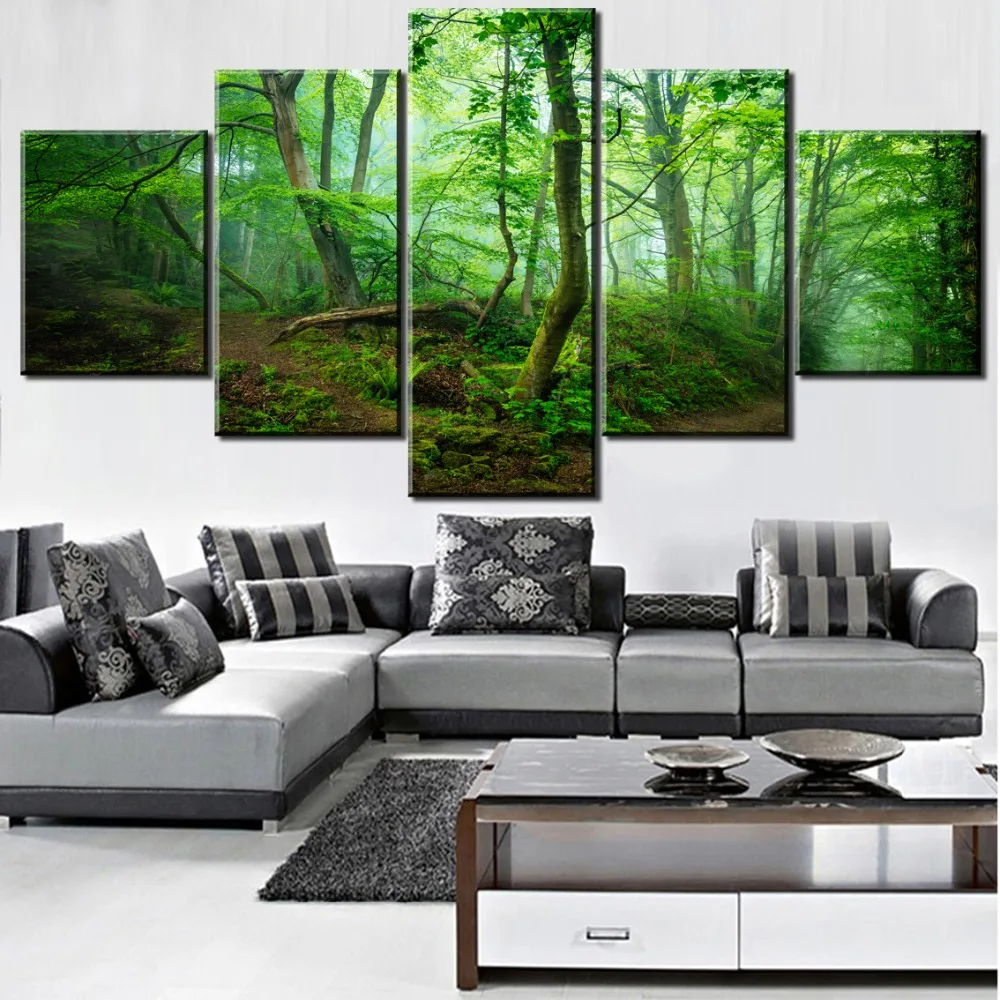 Framed HD 5 Panel Green Tree Forest Path Picture Cuadros Landscape Canvas Wall Art Home Decor For Living Room Painting | Дом и сад