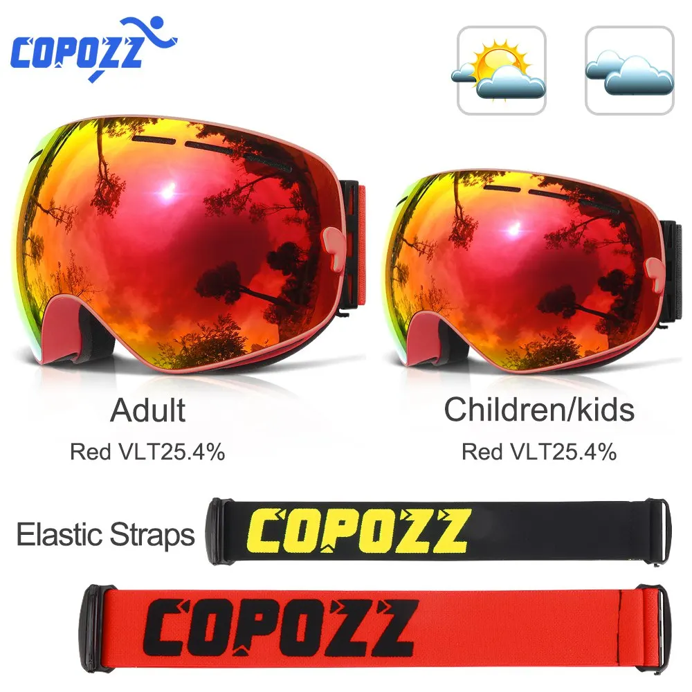 COPOZZ для родителей и детей, лыжные очки, 2 шт. в комплекте, сноуборд, анти-туман, лыжные очки, UV400 для Famliy, для мужчин, женщин, детей, спортивные, снежные очки - Цвет: Red lens