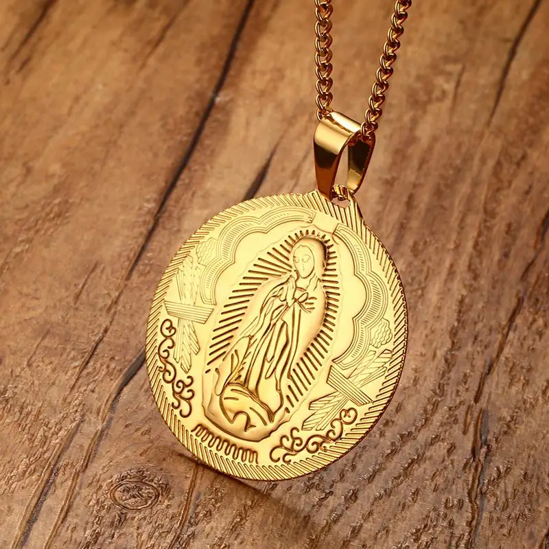 Vnox Божией Матери Цепочки и ожерелья подвеска золотой цвет Нержавеющая сталь христианской ювелирных изделий высокое качество