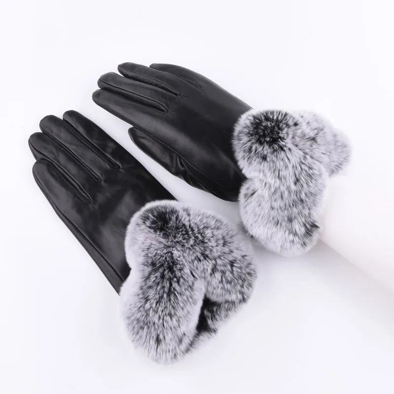 

Thick Warm Women's Sheepskin Gloves Natural Real Rex Rabbit Fur Genuine Leather Winter fashion Gloves Mitten