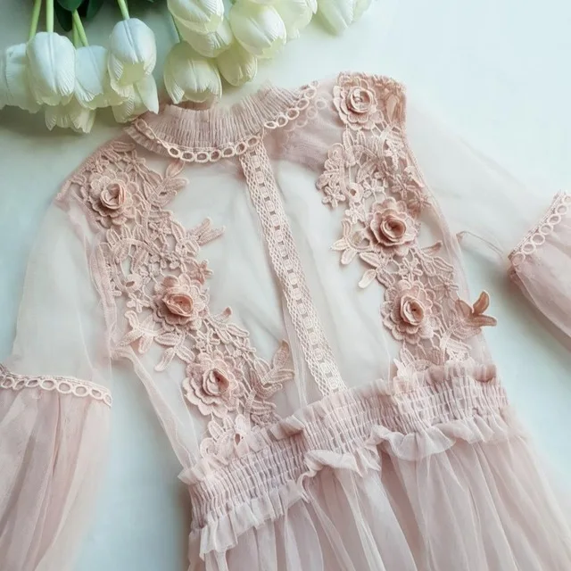 Вечернее платье с длинным рукавом и стоячим воротником женское милое Сетчатое