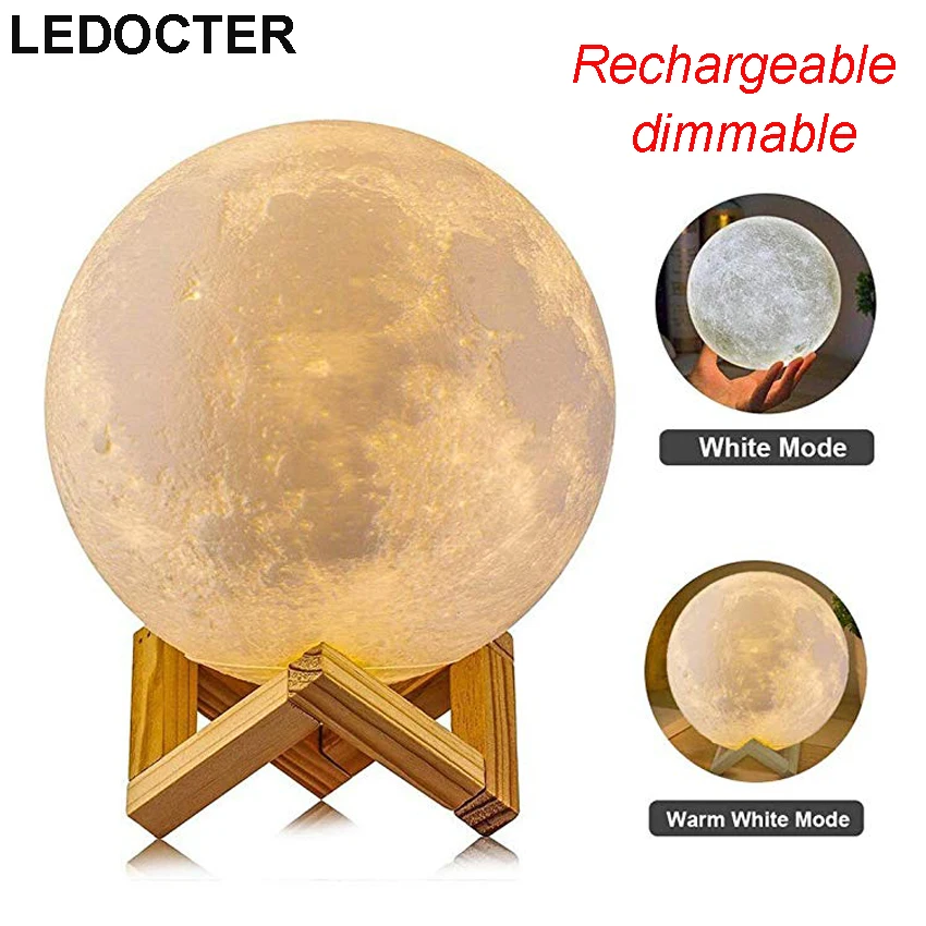 Перезаряжаемый 3D принт Led Moon лампа Теплый + холодный белый портативный ночник