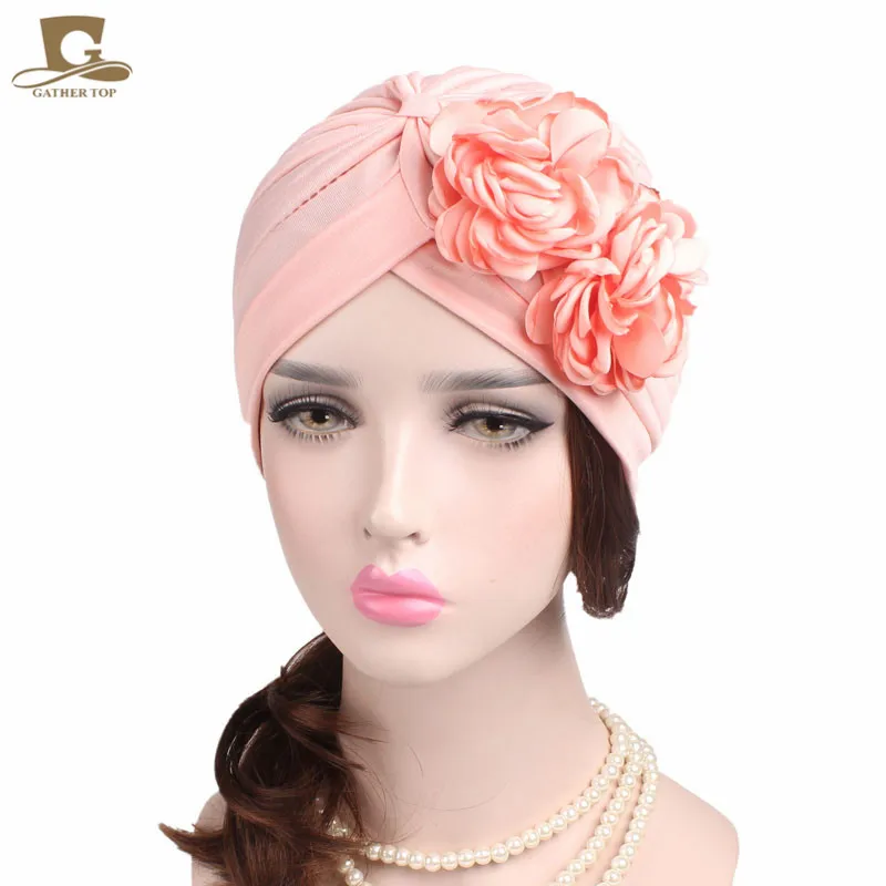 

NEW Vintage Women Double Flower Beanie Turban Chemo Cap for Hair loss Lady Turbante Wedding women hair Accessories