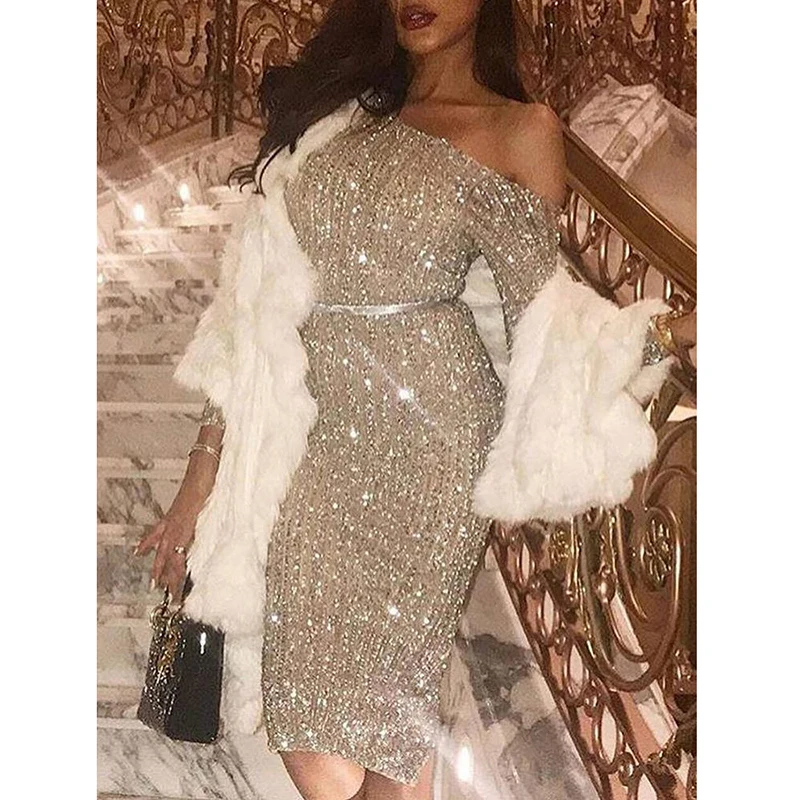 Платье с длинными рукавами и пайетками женское платье высокой талией облегающее