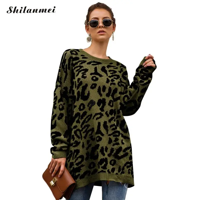 

Green Leopard Women Sweaters Pullovers High Street O-Neck Long Sleeve Casual Sweater Loose Printed Knitted Jumpers Sweter Mujer