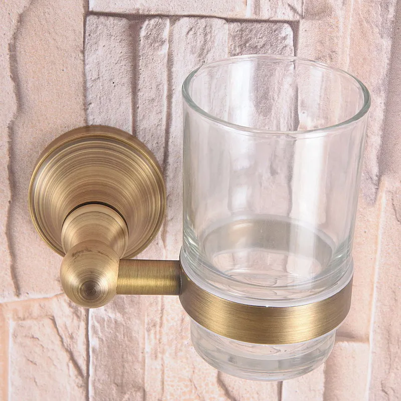 

Antique Brass Single Toothbrush Holder With Glass Cup Wall Mounted Bathroom Accessories aba165