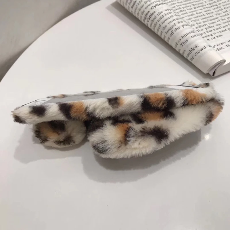 Милый плюшевый чехол с леопардовым принтом и кроличьим мехом для iPhone X XR XS Max