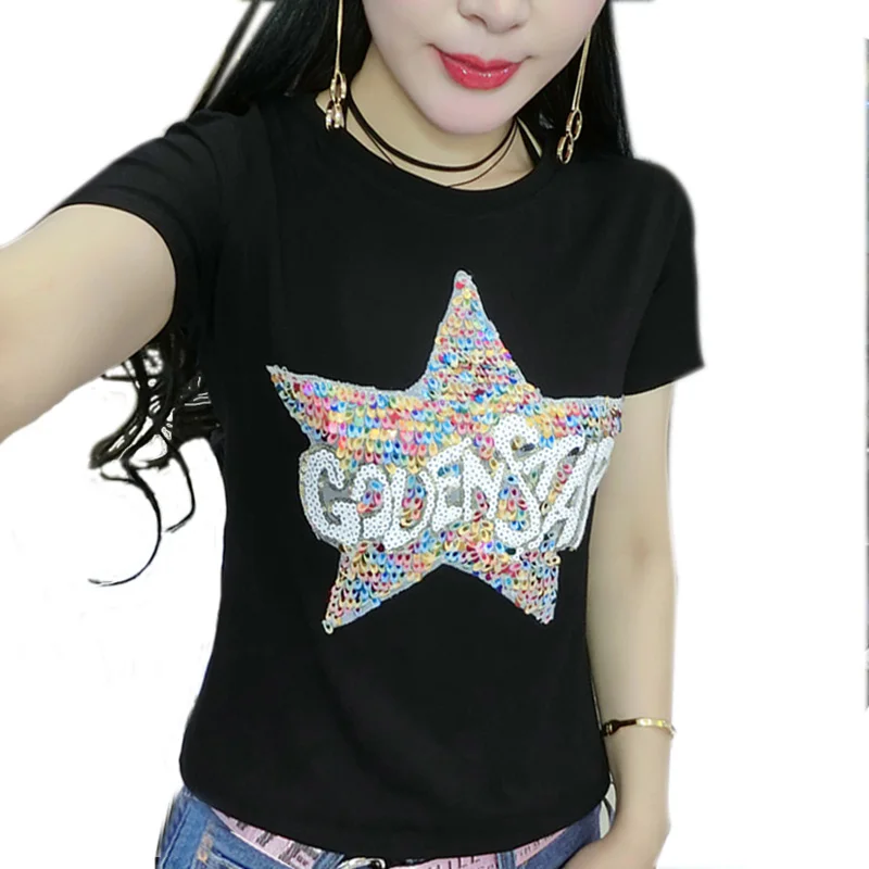Женская футболка из хлопка с коротким рукавом блестками пятью звездами черная
