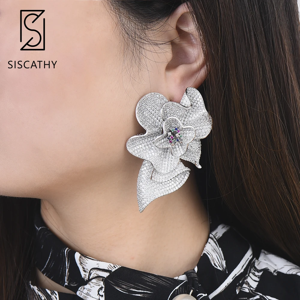 

SISCATHY Luxury Women Flower Big Earrings Full Cubic Zirconia Inlaid Dubai Statement Wedding Engagement Dangle Drop Earrings