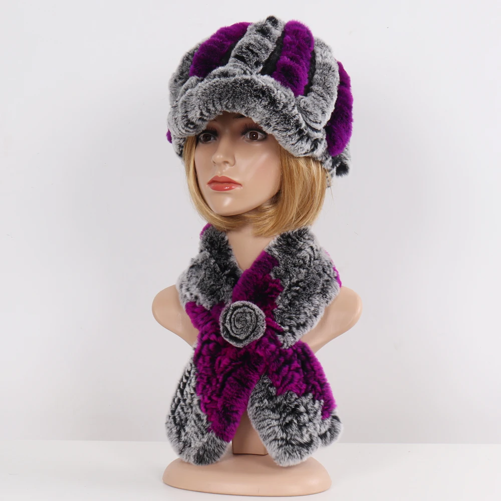 Новинка Зимний вязаный 100% натуральные меховые шапки наборы шарфов для женщин