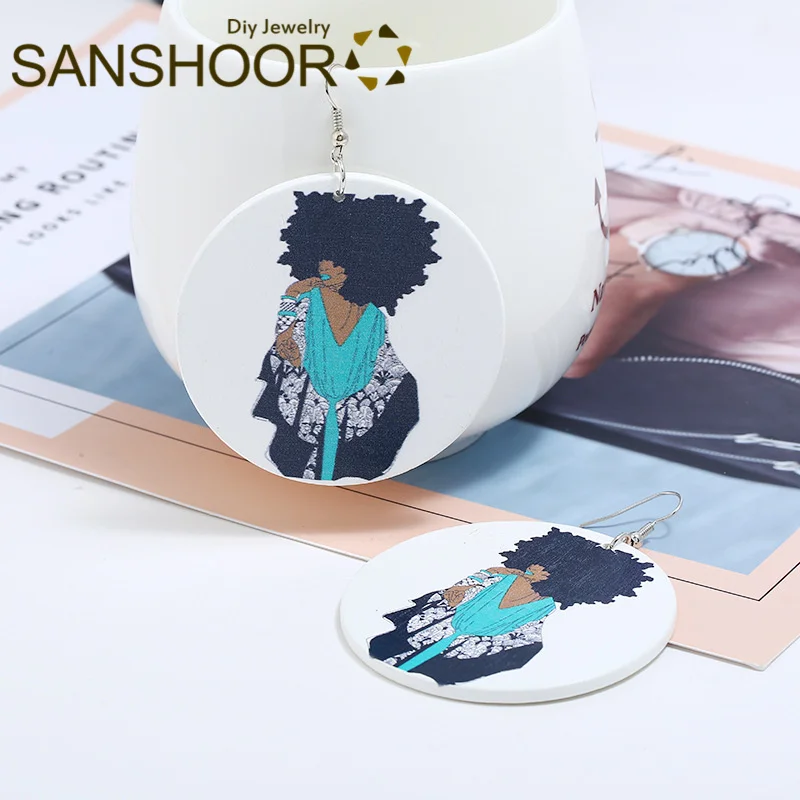 SANSHOOR живопись афро деревянные серьги капли черная девушка натуральные волосы
