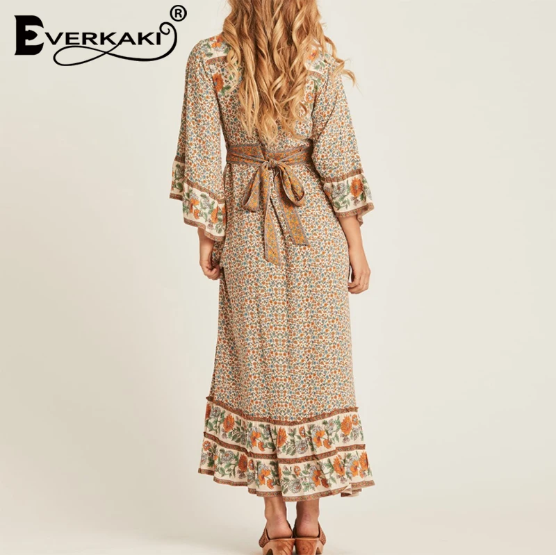 Everkaki Цыганское Платье макси с принтом женские Бохо пояса свободные v образный