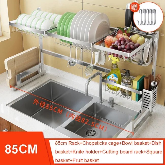 Silver 85cm Кухонная раковина из нержавеющей стали, стойка для чаши, тарелок, сушилка для посуды Tiktok, горячая губка для посуды, раковина, полка для хранения, кухонный Органайзер - Цвет: Silver 85cm
