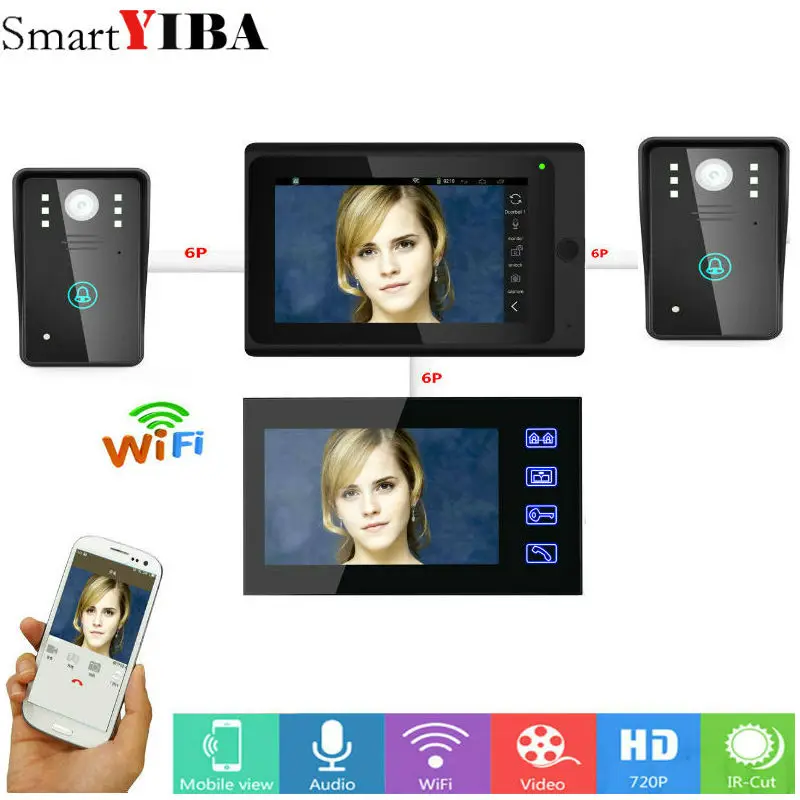 Проводной/беспроводной видеодомофон SmartYIBA 7 дюймов 2 монитора Wi-Fi домофон с