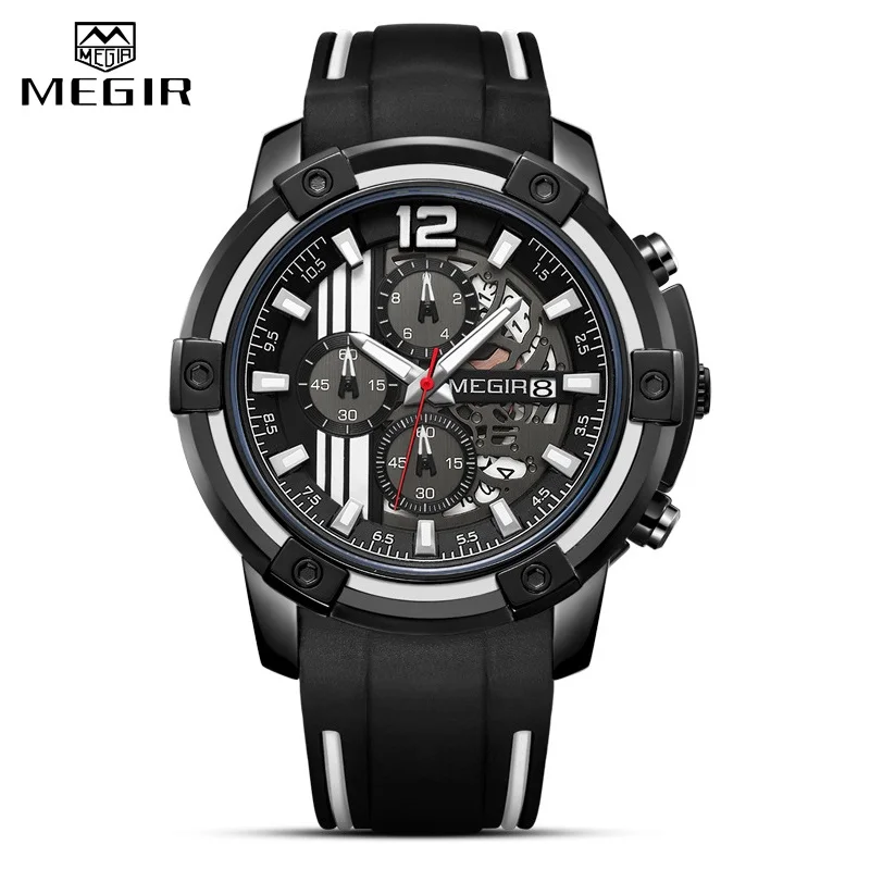 Relojes MEGIR часы для мужчин Роскошный хронограф силиконовые водонепроницаемый спортивный костюм в стиле милитари s часы Аналоговые Кварцевые Relogio Masculino - Цвет: Black White