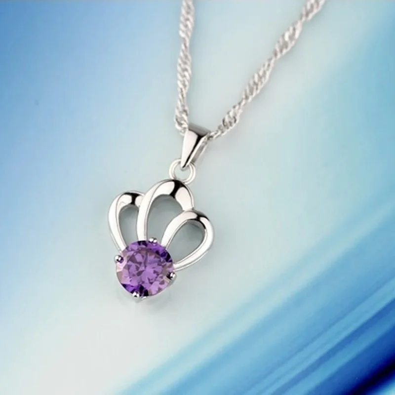 OMHXZJ Wholesale European Fashion Woman Girl Party Gift Crown Amethyst Zircon 925 Sterling Silver Necklace Pendant Charm CA67 | Украшения и