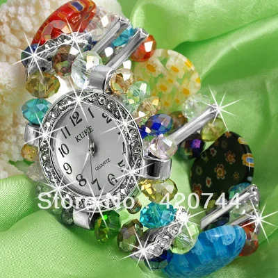 Браслет с бусинами из хрустального муранского стекла 2 шт. + шикарные круглые часы