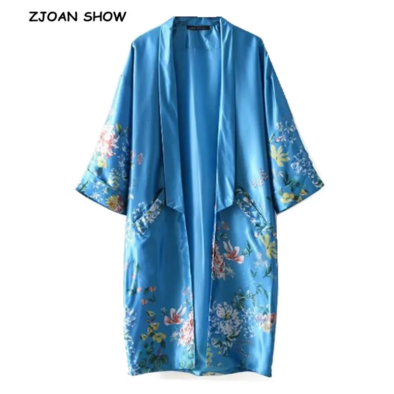 Винтажные Цветочные лацканы с принтом 2 кармана длинное кимоно рубашка павлин