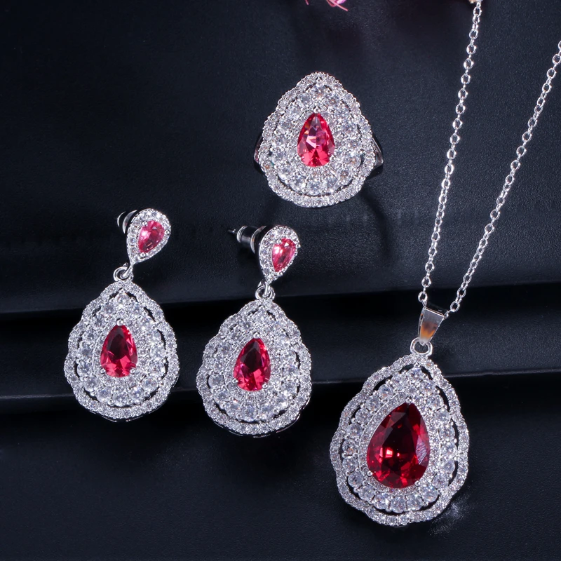 CWWZircons 3 слоя кубического циркония мощеная Капля воды голубая Серьга ожерелье кольцо 925 серебро набор украшений для женщин T283