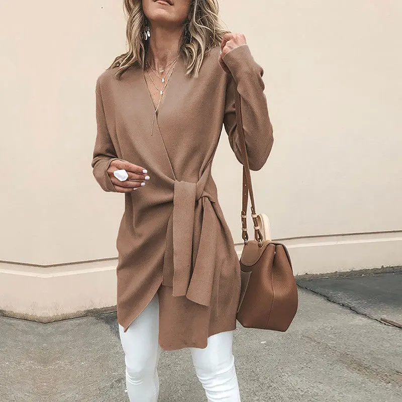 Female slim Jacket 2019 Spring Coats Women Outwear Sexy V Neck Lace-up Ssolid Casual Overcoats | Женская одежда