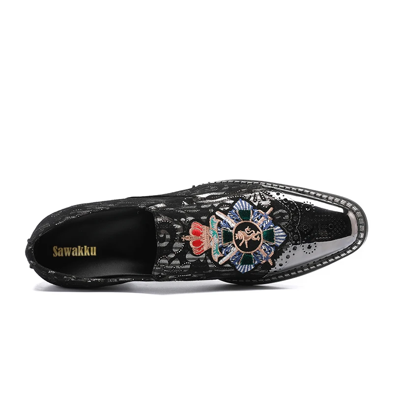 British Style Genuine Leather Men Shoes Slip On Mens Black Brand Dress Loafers Metal Pointed Toe Printed Moccasins | Обувь