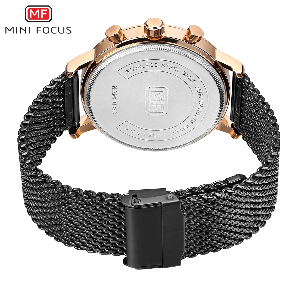 

MINI FOCUS Men's Chronograph Business Watches Luxury Mesh Strap Waterproof Quartz Wristwatch Man Large Number MF0183 Blue rose