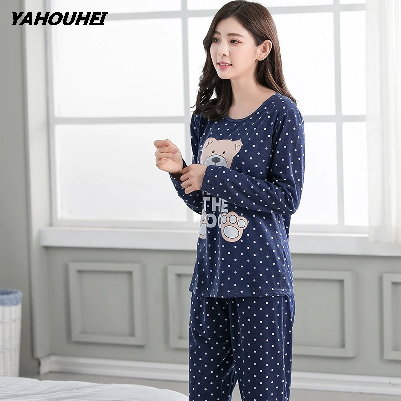gui dotxiong navy Женские пижамные комплекты, осенне-зимние пижамы, женские пижамы, хлопковые пижамы с рисунком коровы для девочек, пижамные комплекты с принтом, женские пижамы с длинным рукавом - Цвет: gui dotxiong navy