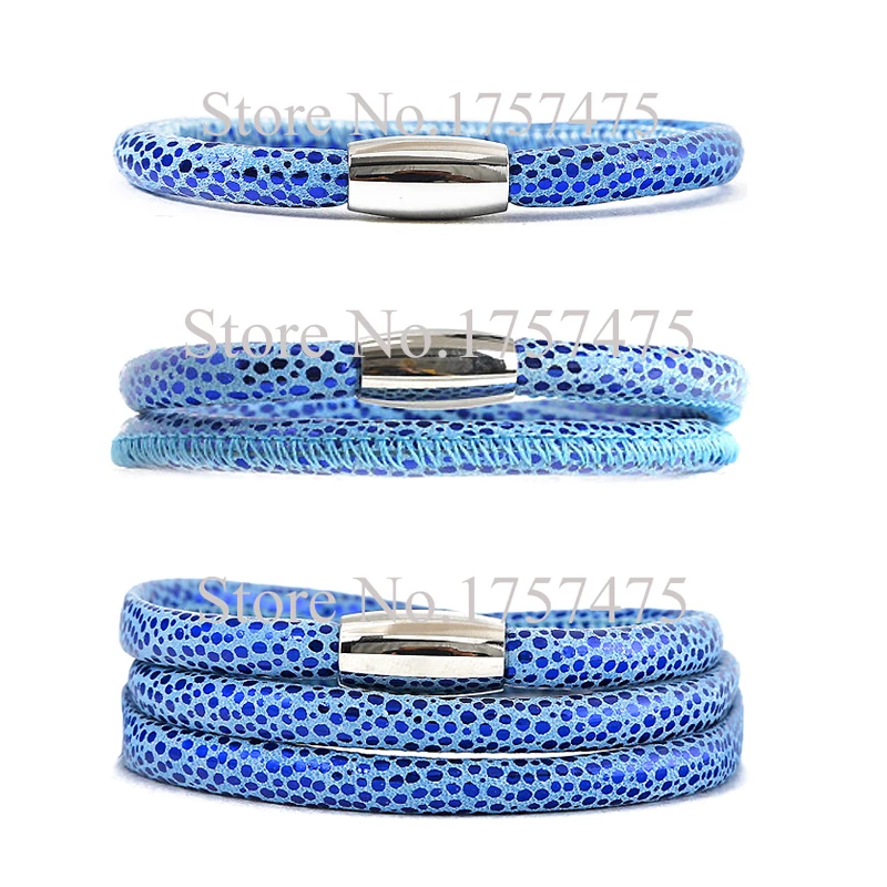 

TDIYJ High Quality Blue Sequined Story Leather Warp Bracelet Jewelry Charm Bracelets Mixed Three Layers with Magnetic Clasp 6Pcs