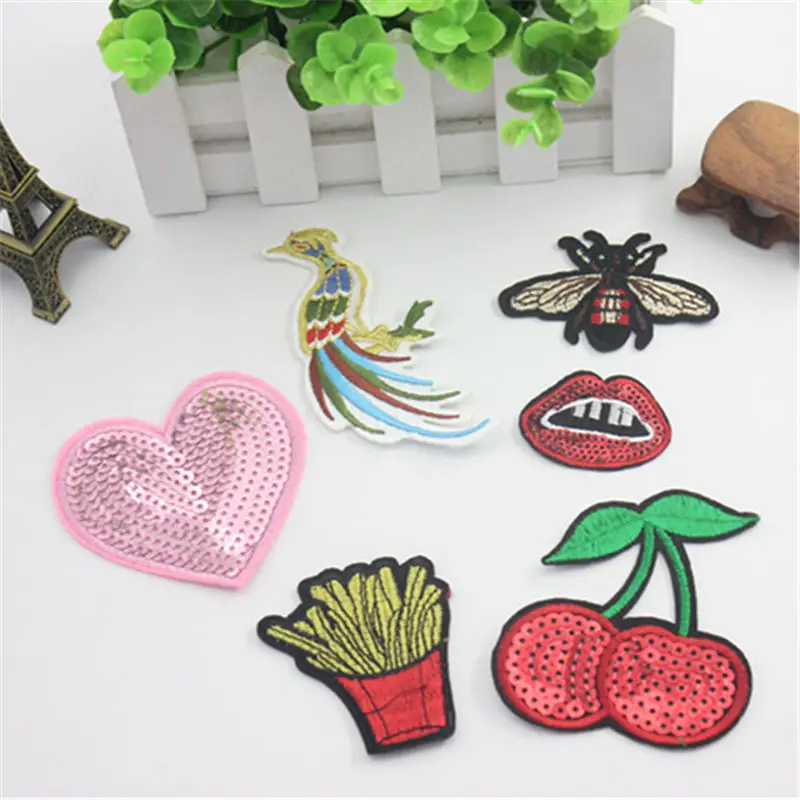 

6PC heart-shaped cherry dragonfly peacock patch iron crafts badge embroidery T-shirt bag clothes sewing accessories