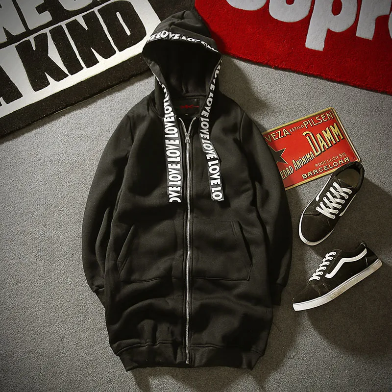 

Men's Long Hoodies Hip Hop Winter Thick Warm Solid Fashion Casual Hooded Windbreaker Letter Printing Sweatshirt Outerwear Coat