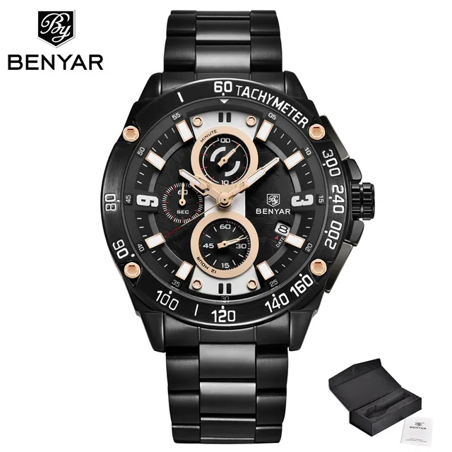 S-Black Мужские часы BENYAR, новинка, Топ бренд, Роскошные Кварцевые часы для мужчин, нержавеющая сталь, водонепроницаемые часы с хронографом, Relogio Masculino - Цвет: S-Black