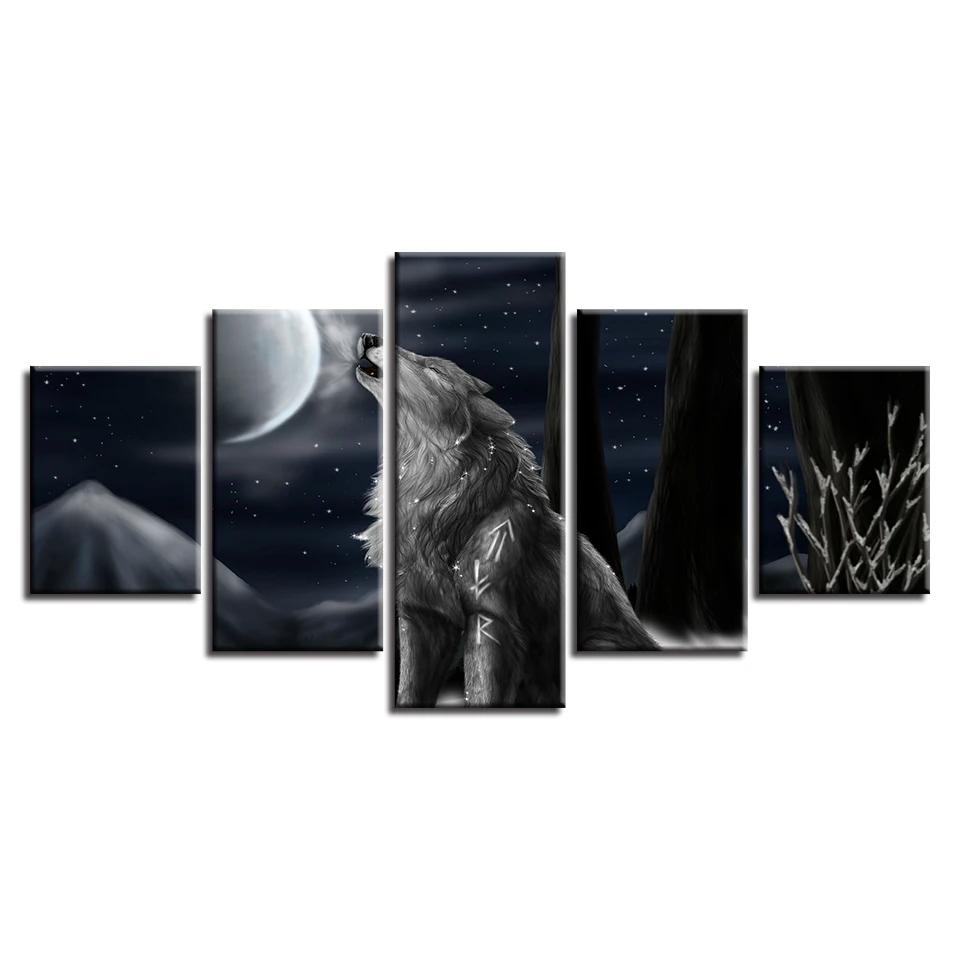 Scenery Pictures Decor Home Room Wall Art 5 Pieces Animal Wolf Howl At Moon Night Painting HD Prints Frame Modular Canvas Poster | Дом и сад