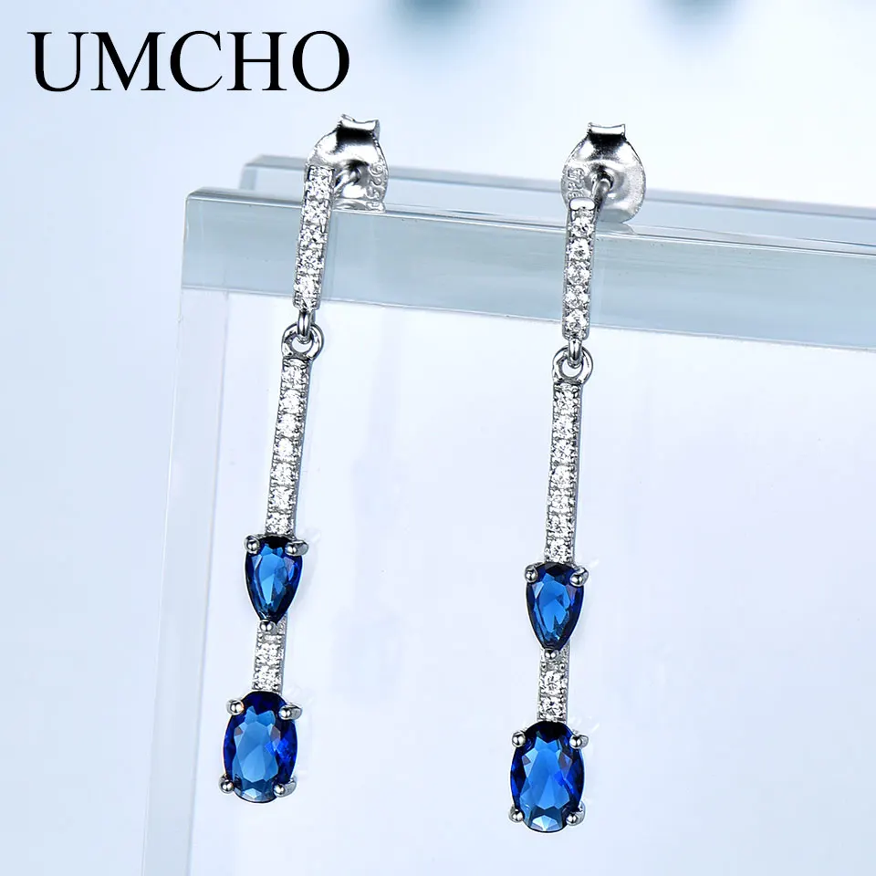 

UMCHO Solid 925 Sterling Silver Drop Earrings For Women Blue Sapphire Earrings Wedding Handmade Jewelry Simple Modern Gift