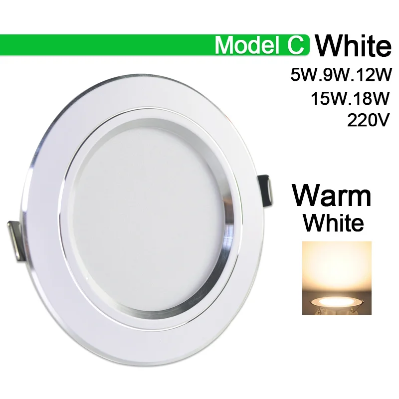 Model C Warm White Светильник, 3 Вт, 5 Вт, 9 Вт, 12 Вт, 15 Вт, 18 Вт, светодиодный потолочный светильник, серебряного, золотого цвета, ультра тонкий Алюминий AC220V 240V Круглый Встраиваемый светодиодный точечное освещение - Испускаемый цвет: Model C Warm White