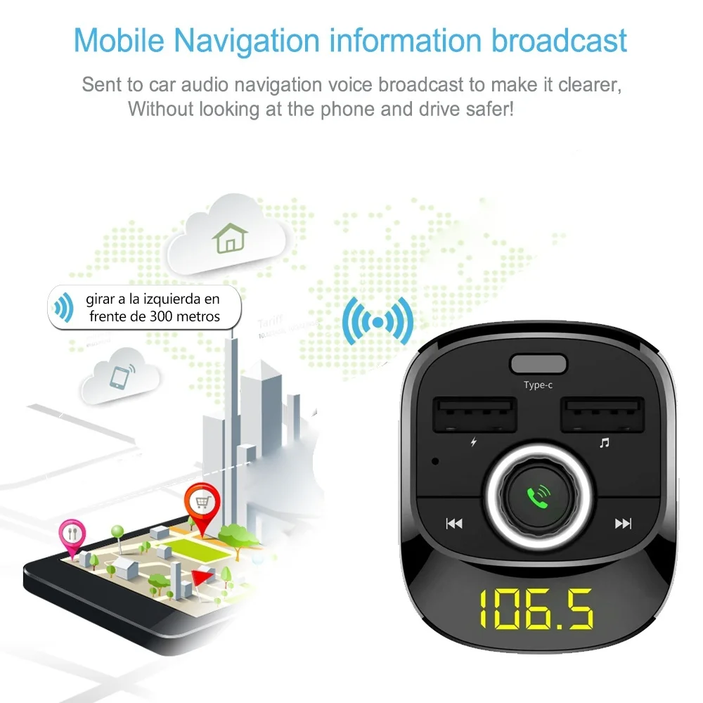 Автомобильный MP3-плеер с Bluetooth fm-передатчиком Hands-free автомобильный комплект двойной USB порт+ type-C Интерфейс быстрой зарядки поддержка TF/SD