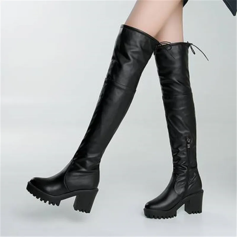 Quality Womens Boots Leather Over The Knee Platform Warm Boots Comfortable Thigh High Boots Square Toe Tall Boots MAZIAO