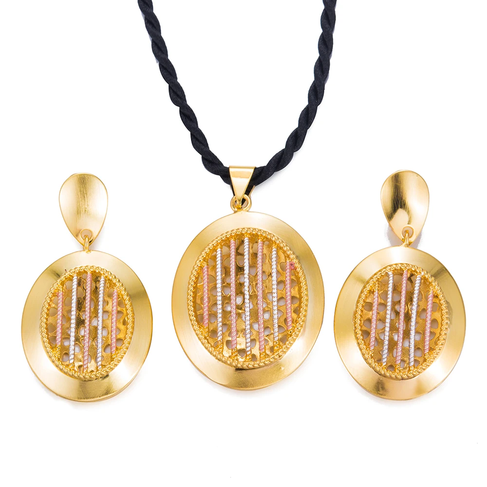WANDO Ethiopian set Fashion Jewelry Sets For Women Three Layer Statement Necklace Gold Color Earrings Wedding gift ws67 | Украшения и