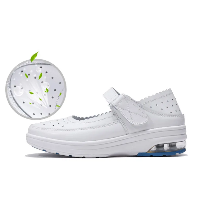 Genuine Leather Women Flat Platform Shoes Round Toe White Nurse Work Shoes Woman Cut-out Female Loafers Moccasins Shoes Big Size