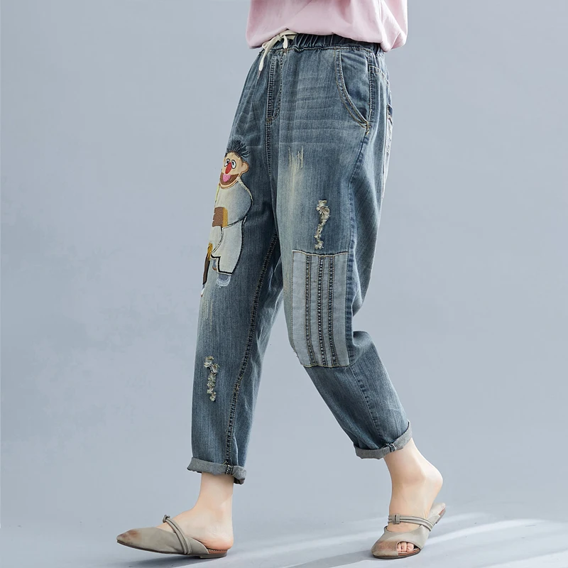 Бойфренд по колено рваные джинсы дамские шаровары лето 2019 г. мультфильм