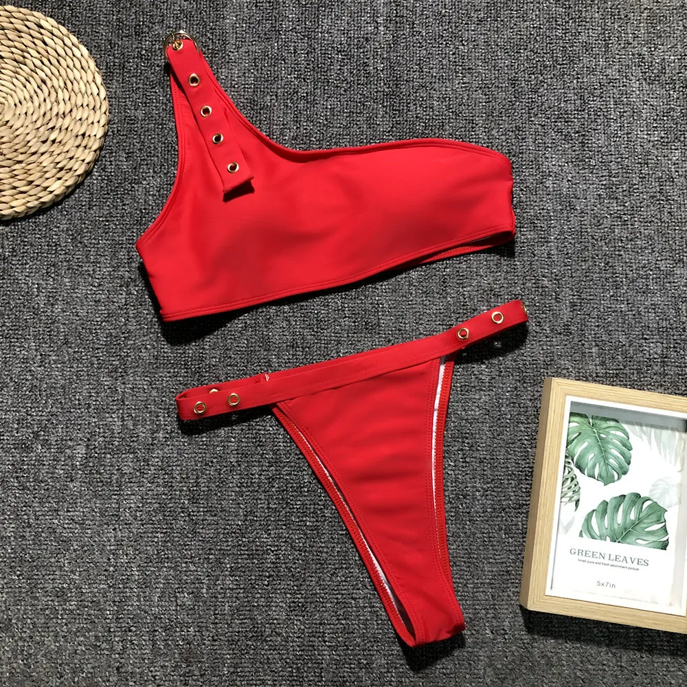 

4 Colors Sexy Solid One Shoulder Strapless Punch Women Bikini Set Swimwear Bathing Suit Tow Piece Outfits