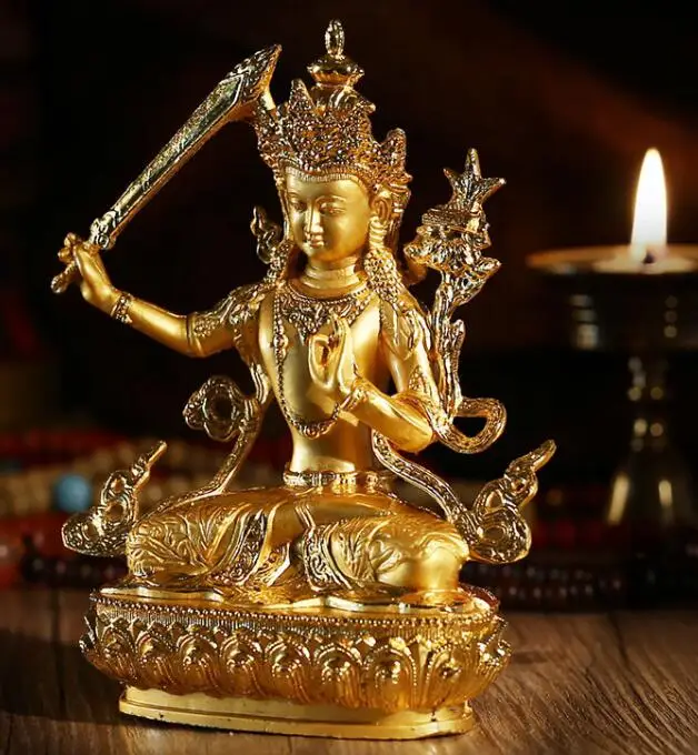 Золотой Tranic efficious Bodhisattva Manjusri позолоченный Золотой Будда сплав металла буддийские поставщики дома/офиса украшения статуя ремесло - Цвет: Золотой