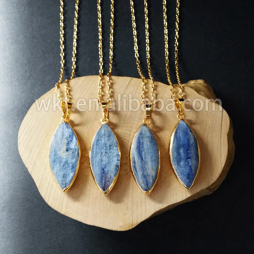 

WT-N576 Wholesale Natural Stone Kyanite Pendant Necklace for women beautiful Gift with 18 inch Gold Chain Oval Kyanite Necklace