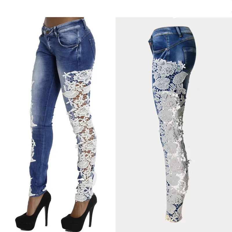 Женские джинсы со средней талией облегающие длинные с кружевной отделкой и
