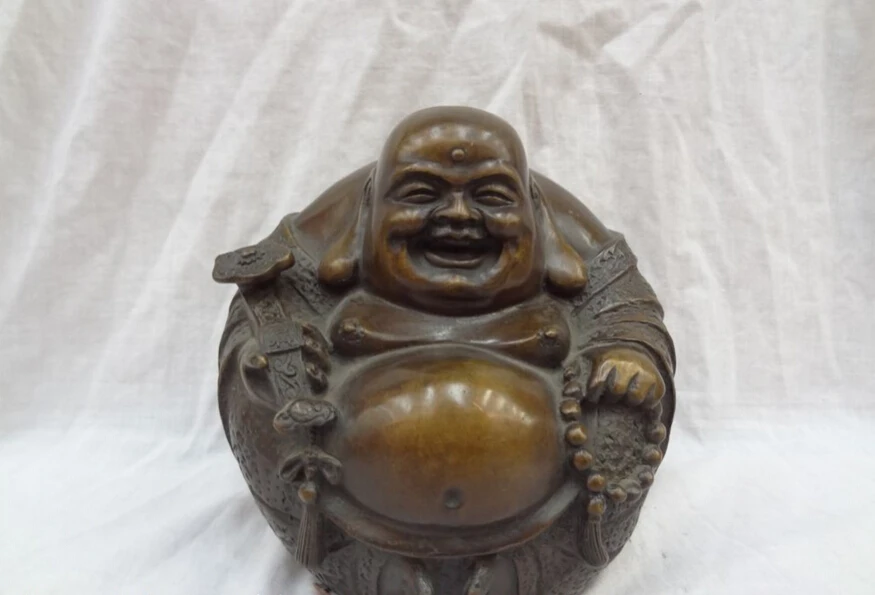 

song voge gem S3091 8" Chinese Bronze RuYi Wealth Happy Laughing Joss Maitreya Buddha Bead Statue