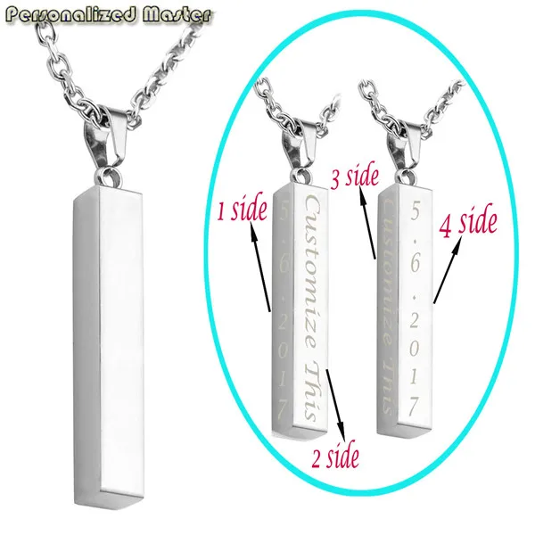 1pc Silver Engraving Персонализированные мастер персонализированные четыре стороны выгравировать индивидуальные унисекс нержавеющая сталь сообщение названия Вертикальный бар кулон ожерелье - Окраска металла: 1pc Silver Engraving