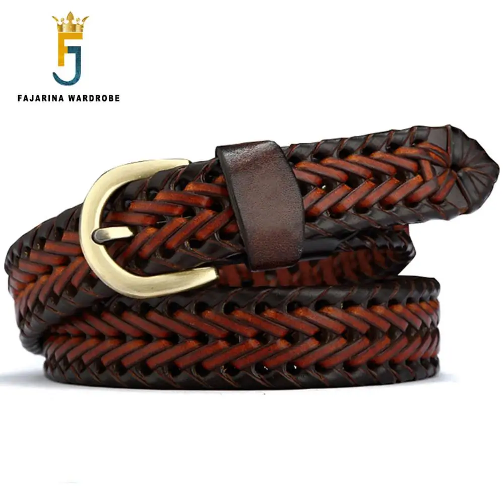 FAJARINA Fashion Ladies Knitted Cow Skin Leather Female Models Brown Belt Hollow Retro Clasp Styles Belts for Women N17FJ415