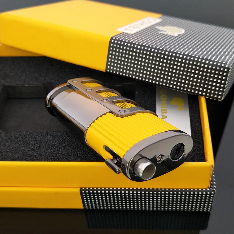 COHIBA Gridding Stripes style Turbo Зажигалка карманная Бутановая газовая ветрозащитная Тройная