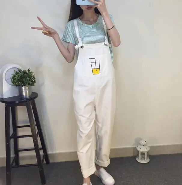 Student Women's Fashion Casual Loose Pink Overalls Cargo Pants Cartoon Print Jumpsuit High Waist Denim cotton Harem pants | Женская